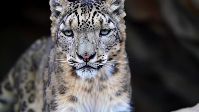 Closeup of two snow leopards facing forward in natural habitat