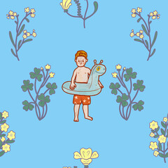 Baby in inflatable ring in water. Little boy having fun in sea illustration. Children vacation on beach. Summer light blue resort pattern wallpaper.
