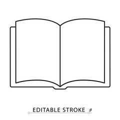 Open book icon in minimal line style with editable stroke. Reading object, knowledge source, education and learning element for study visuals, library themes, literature concept and academic design.