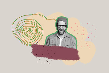 Full 3d art collage of happy girl guy speak spiral hoax brainwash puppet social media fake news propaganda disinformation