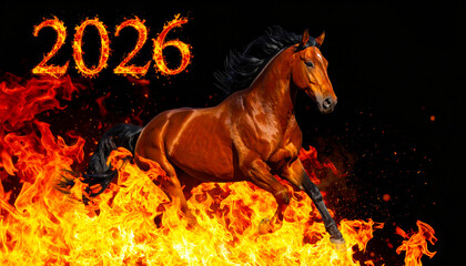 Image of a red fire horse galloping through the flames, symbol of the year 2026 according to the Eastern calendar. AI, Illustration, Generation, Generated image.