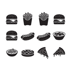 Collection of fast food iconography in black and white illustration of burger fries and pizza
