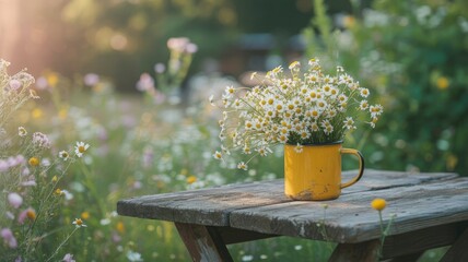 Rustic summer scene wildflowers in yellow enamel mug on wooden table