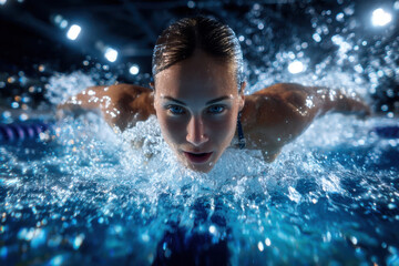 Swimmer performing butterfly stroke during a competitive event in an indoor pool