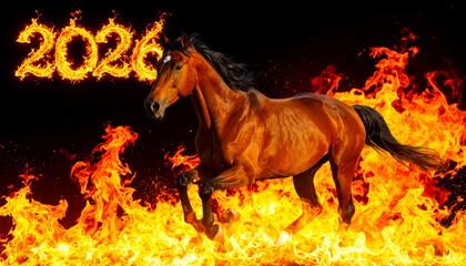Image of a red fire horse galloping through the flames, symbol of the year 2026 according to the Eastern calendar. AI, Illustration, Generation, Generated image.