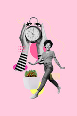 Vertical poster art pop image collage of happy business girl guy stand deadline clock expire limit countdown timepiece regime