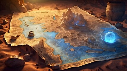 A glowing ancient map leading to a hidden treasure in a desert, fantasy and mythology desktop wallpaper backdrop, cinematic HDR vibrant theme colors, promo movie sales poster banner book cover