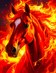Portrait of red fire horse with flaming mane on fire background - symbol of 2026 year according to oriental calendar. AI, Illustration, Generation, Generated image.