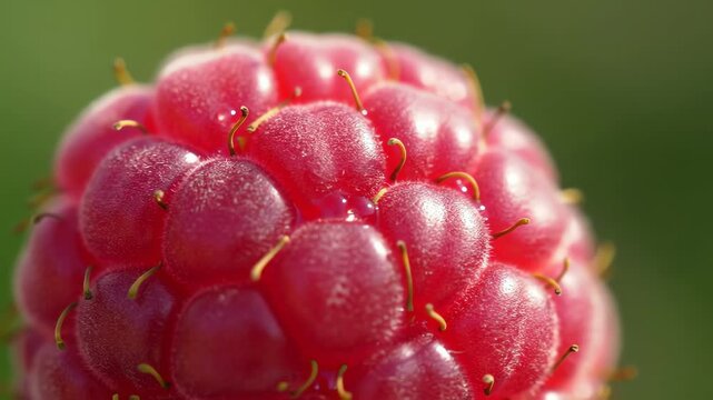 Close-up of a vibrant red raspberry with visible drupelets and fine hairs against a soft green background