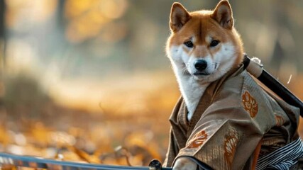 Adorable spitz in traditional Japanese clothing on a walk in the park in fall. Suitable for advertising pet clothing and themed events.
