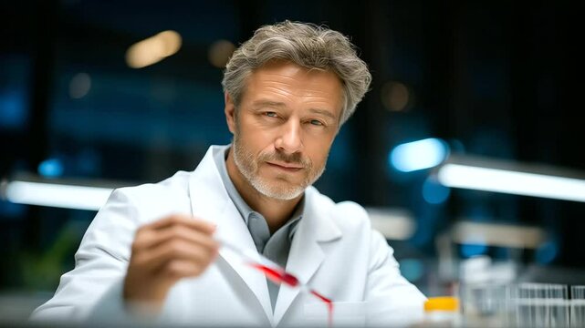 Doctor performing a bone marrow test with cells and a syringe