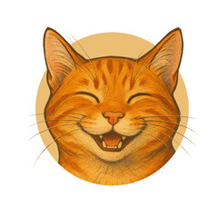 Head of a laughing ginger cat on a round beige background
