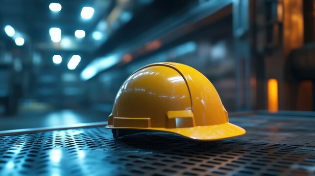 Hard Hat Table. Construction Site Safety Equipment Close-up with Matte Yellow Plastic Helmet on Metal Table