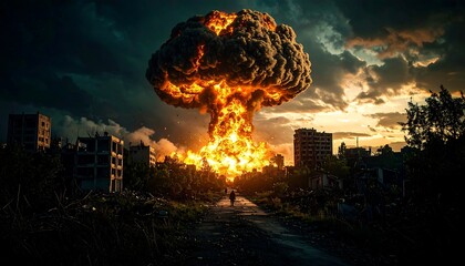 War Devastation Scene with Nuclear Blast and Rubble