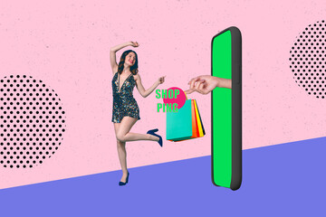 3d poster image full pop art collage of happy girl guy stand phone deice hand peek hold packages...