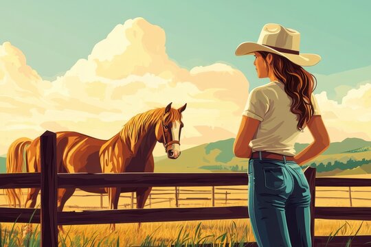 Horse Breeder. Young Woman Rancher With Horses In Stable Outdoors