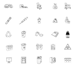 Biohazard waste disposal medical icons show safe handling and proper management methods