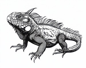 Obraz premium Iguana Illustration. Black and White Drawing of a Green Lizard in the Forest