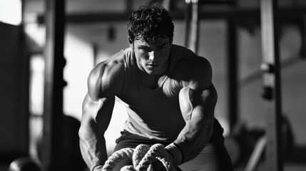 Industrial Gym. Man Training with Battle Rope for Strength and Determination