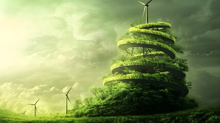 Modern eco-friendly building design with spiral greenery and wind turbines