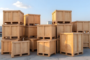 Transportation of goods by ship Brown wooden crates in bulk are very popular and are easy to order online. from people all over the world