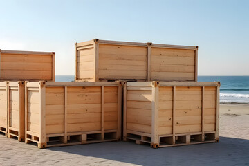Transportation of goods by ship Brown wooden crates in bulk are very popular and are easy to order online. from people all over the world