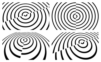 Circular black and white pattern cut in half and offset. Abstract striped background. Cover design template. Vector illustration for brochure, poster, presentation, flyer or banner.