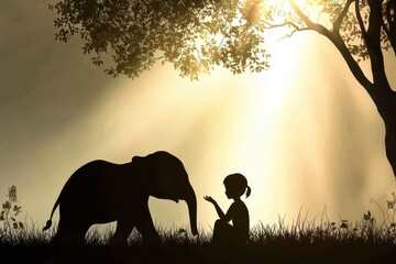 Its A Girl Its A Boy. Silhouette of Little Asian Girl Touching Adorable Elephant as Boy Sits on its Back in Sunlit Forest Scene