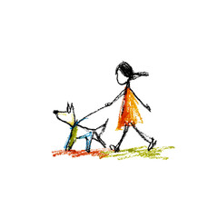 Girl walking a dog in colorful sketch illustration  