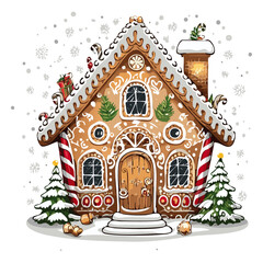 Gingerbread house vector color illustration in sketch style. Line art Christmas baking and treats on isolated background.