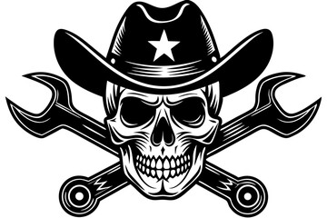 Fototapeta premium Vintage Skull Mechanic Cowboy Hat Illustration Crossed Wrenches Design
