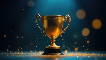 Golden trophy award with sparkling confetti on dark blue background