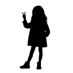 Young girl making peace sign silhouette on white background  