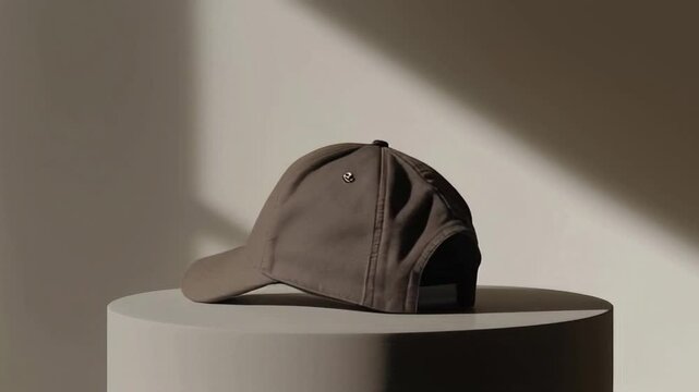 Brown baseball cap placed on a pedestal with soft natural light  