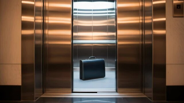 Empty elevator with briefcase suggests modern professional travel and business during daytime ideal for commercial microstock use
