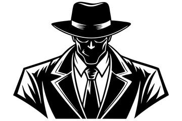 Mysterious Man in Fedora Hat Black and White Illustration