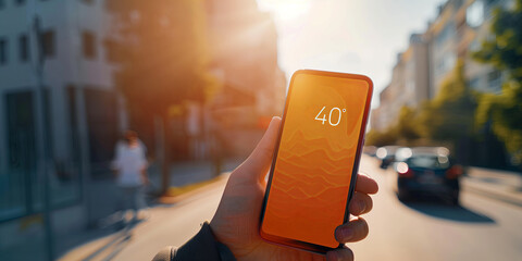 Human hand holding overheated smart phone showing 40 Celsius degrees with cityscape in the background. Heat wave and climate change.