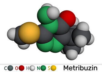 Metribuzin molecule. Triazinone herbicide used in agriculture for broadleaf weed control. Molecular model. 3D rendering