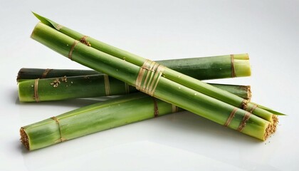 Fototapeta premium Fresh Green Bamboo Stalks on White Background