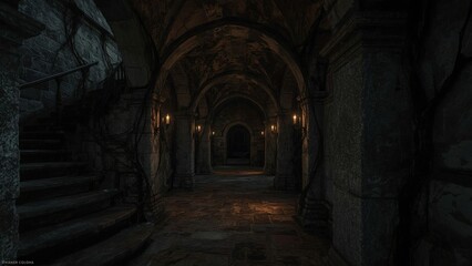 Dark and mysterious stone corridor with lit candles and winding staircase