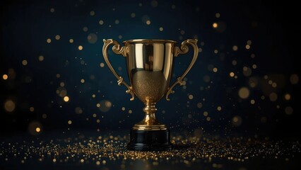 Gold trophy award on dark background with golden glitter