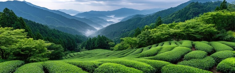 Beautiful green tea plantation in the mountains on a sunny day