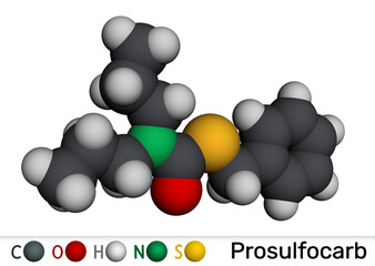 Prosulfocarb molecule. Thiocarbamate herbicide used in agriculture to control annual grasses. Molecular model. 3D rendering