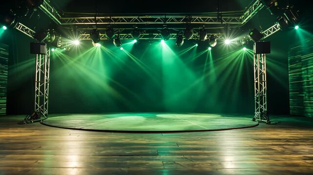 Green spotlights illuminating an empty stage in a theater, creating a palpable atmosphere of anticipation for an upcoming performance, inviting thoughts of excitement and creativity