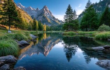the Dolomites in Italy at sunset, with their peaks reflecting on the lake's surface.