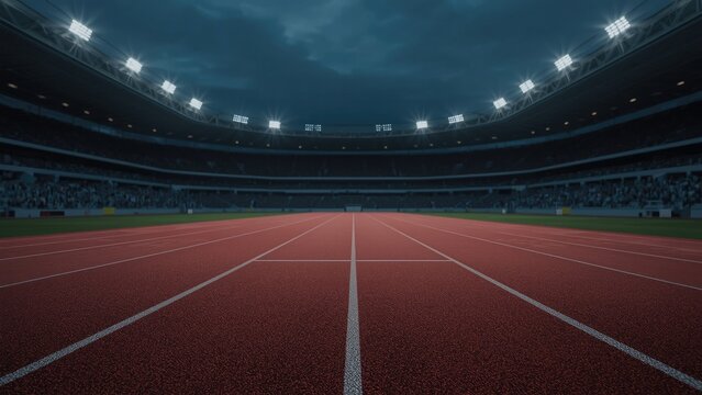 Empty running track at night in a large stadium with floodlights