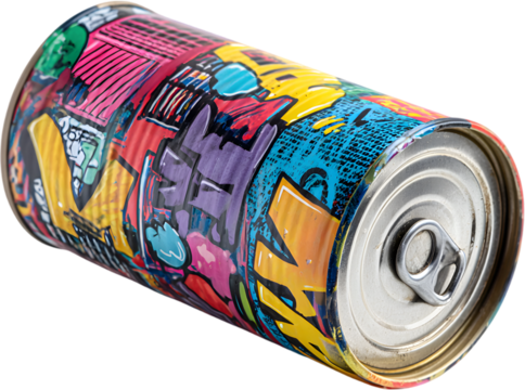 Colorful Tin Can with Street Art Graffiti Design isolated on white background