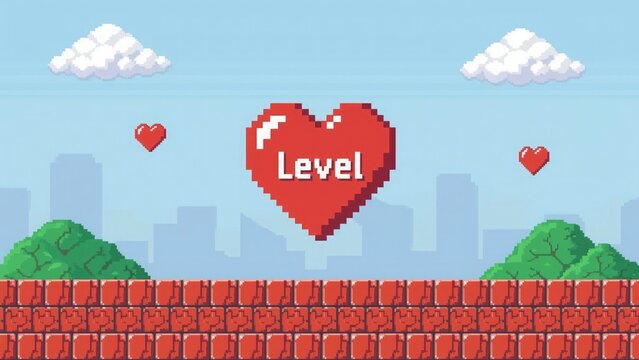 Pixel art heart level game background with cityscape and brick wall