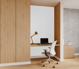 Cozy home workspace with laptop and wood furniture in daylight – Transparent Wall Mockup with Realistic Shadows – 3D render