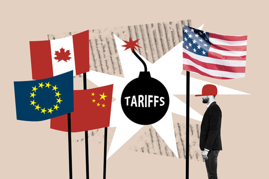 Trend artwork poster collage of bomb tariffs man stand usa flag canada china eu geo politics international relation government diplomacy